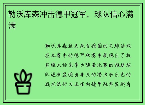 勒沃库森冲击德甲冠军，球队信心满满