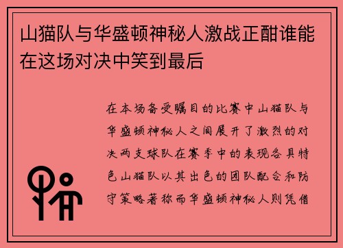 山猫队与华盛顿神秘人激战正酣谁能在这场对决中笑到最后